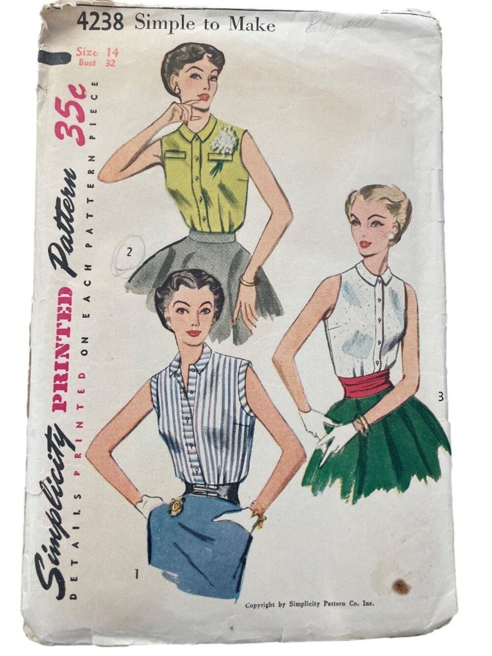 Vintage Simplicity 4238 Sewing Pattern Size 14 Misses Blouse Sleeveless CUT